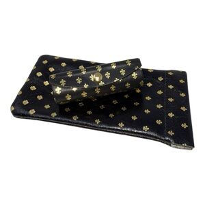 Made in Italy Black & Gold Fleur-de-Lis Leather Eye Glass & lip stick Case Set